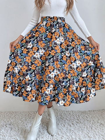 Airchics longue jupe trapèze fleurie à volantée femme élégant mode